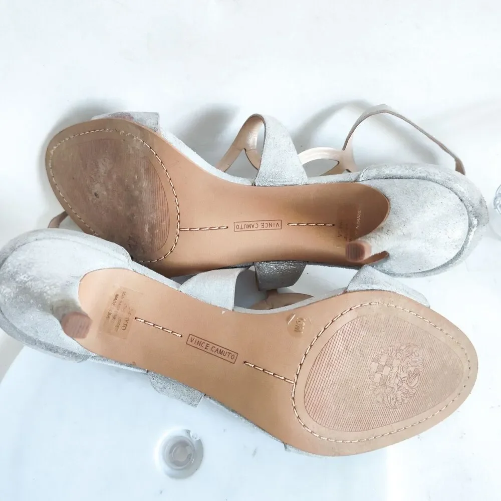 New Vince Camuto Sandals Size 10‎ Leather Silver Formal Strappy Heels Payto Gala